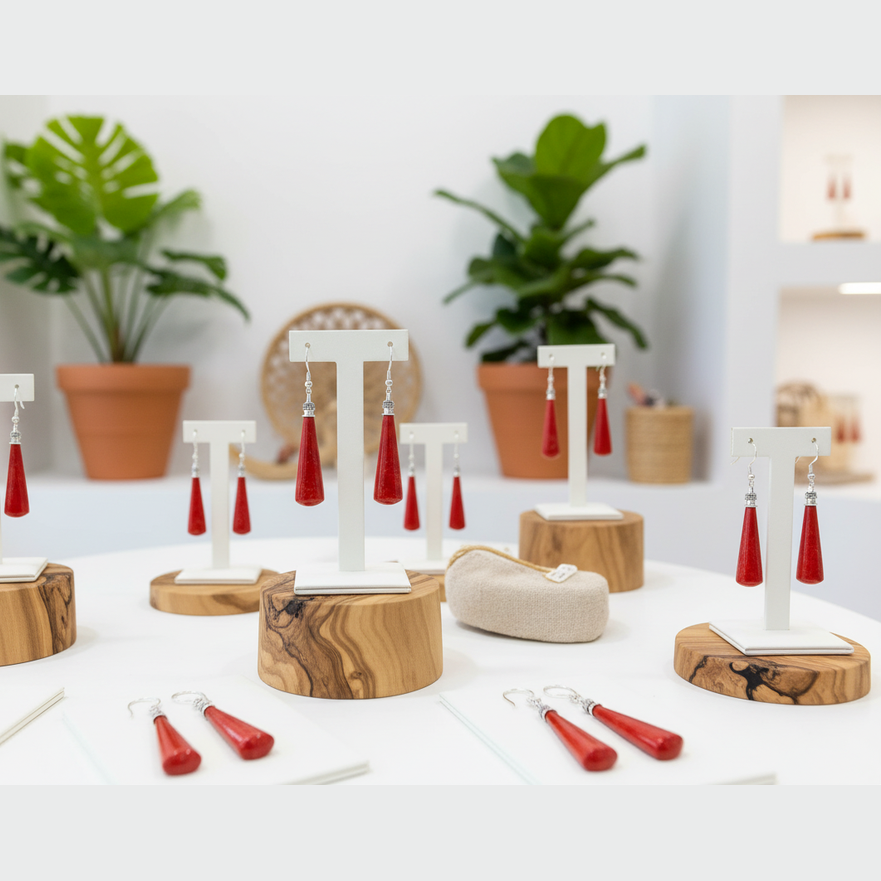 Earring display on a wooden table with decorative items and plants in a bright room.