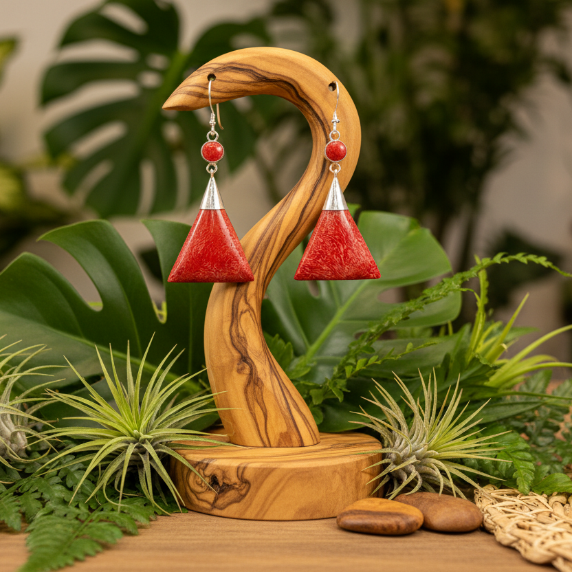 Wooden earring stand with red earrings on a wooden surface with plants in the background