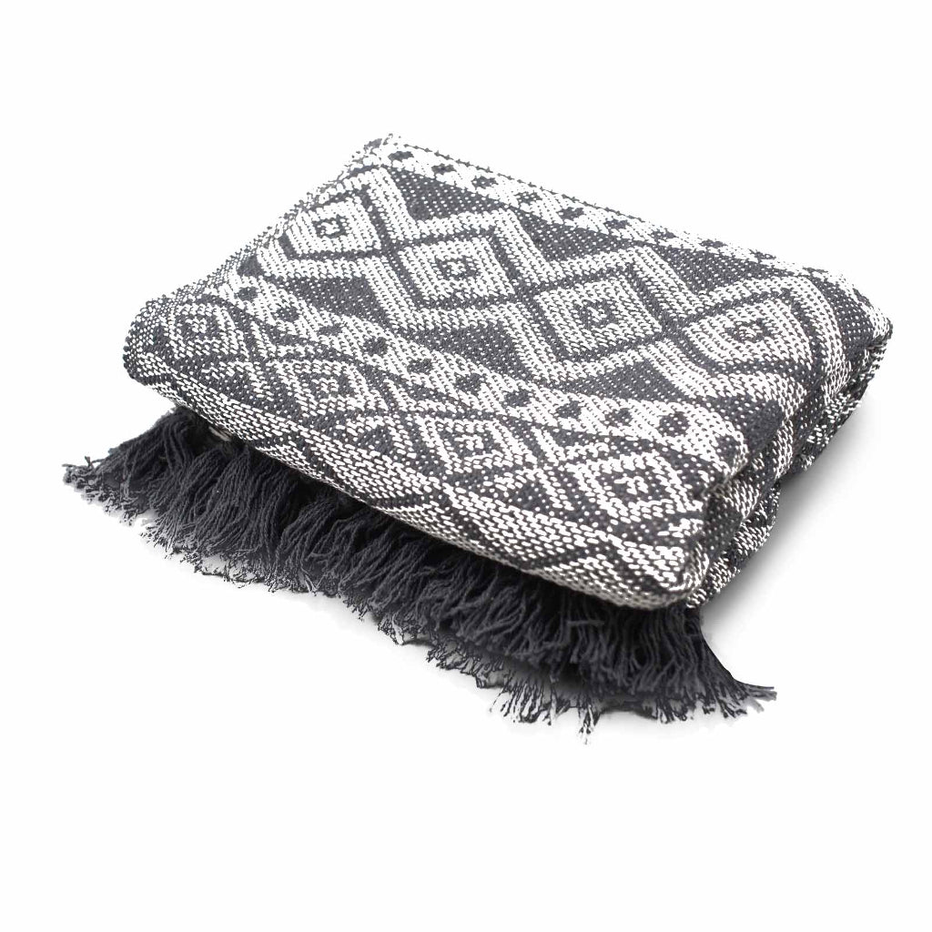 Emmy Jane - Handmade Cotton Throws - Geometric Designs - 6 Colours. Discover the perfect blend of comfort and style with our Boho Comfort Throws. Crafted with care in India from 100% cotton, they feature captivating geometric patterns, adding a contemporary bohemian flair to any décor.