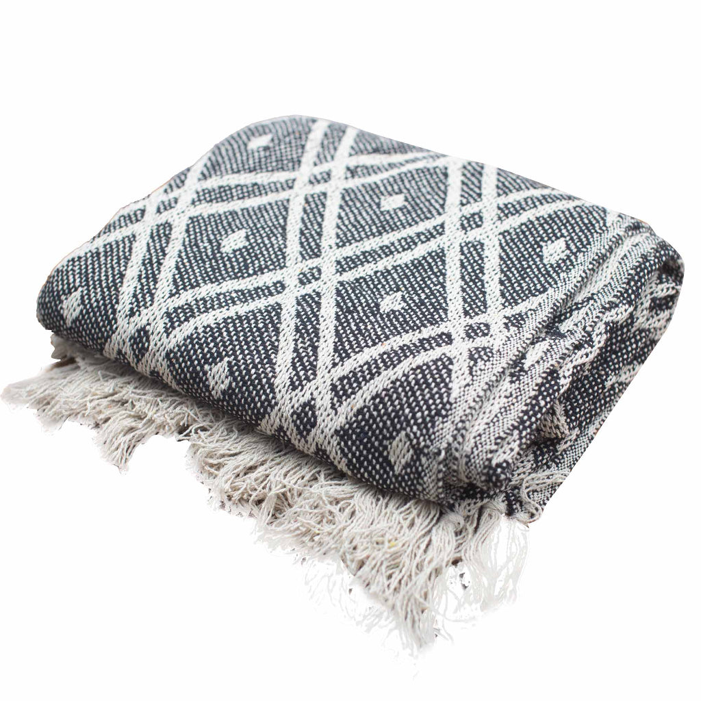 Emmy Jane - Handmade Cotton Throws - Geometric Designs - 6 Colours. Discover the perfect blend of comfort and style with our Boho Comfort Throws.  Crafted with care in India from 100% cotton, they feature captivating geometric patterns, adding a contemporary bohemian flair to any décor. 