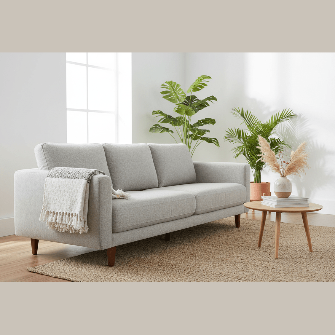 Gray sofa in a living room with plants and a small table.