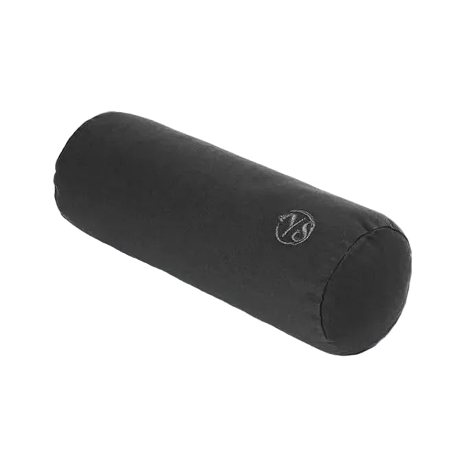 Black cylindrical yoga bolster with a logo on a white background