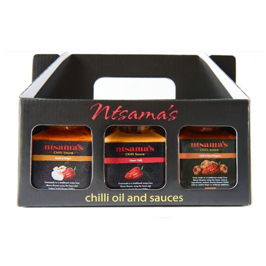 Ntsama’s gift carton containing three chilli sauces: Ginger & Garlic, Classic and Chilli & Roast Pepper