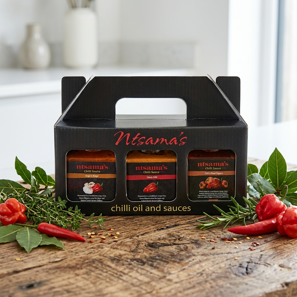 Ntsama’s three-jar chilli sauce gift carton on a wooden surface with chillies and herbs.