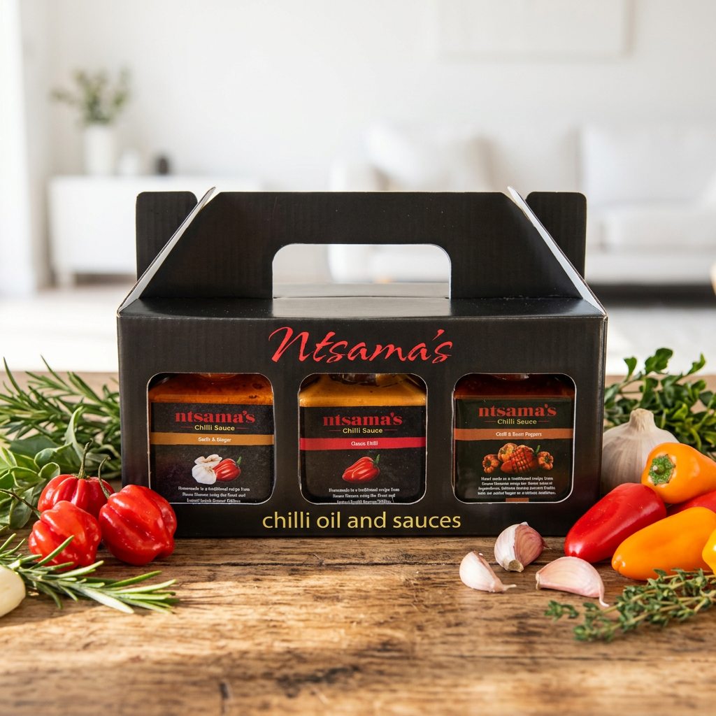Ntsama’s chilli sauce gift set in a kitchen setting with peppers, garlic and herbs
