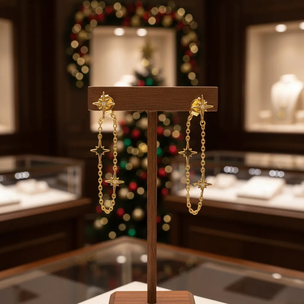 LUXE TONES Gold Star Earrings 18k Gold Plated Celestial Star Chain Loop Earrings Clothing & Accessories > Jewellery & Watches > Earrings > Womens Earrings > Drop Earrings > Womens Drop Earrings > Gold Star Earrings emmy-jane-boutique.myshopify.com