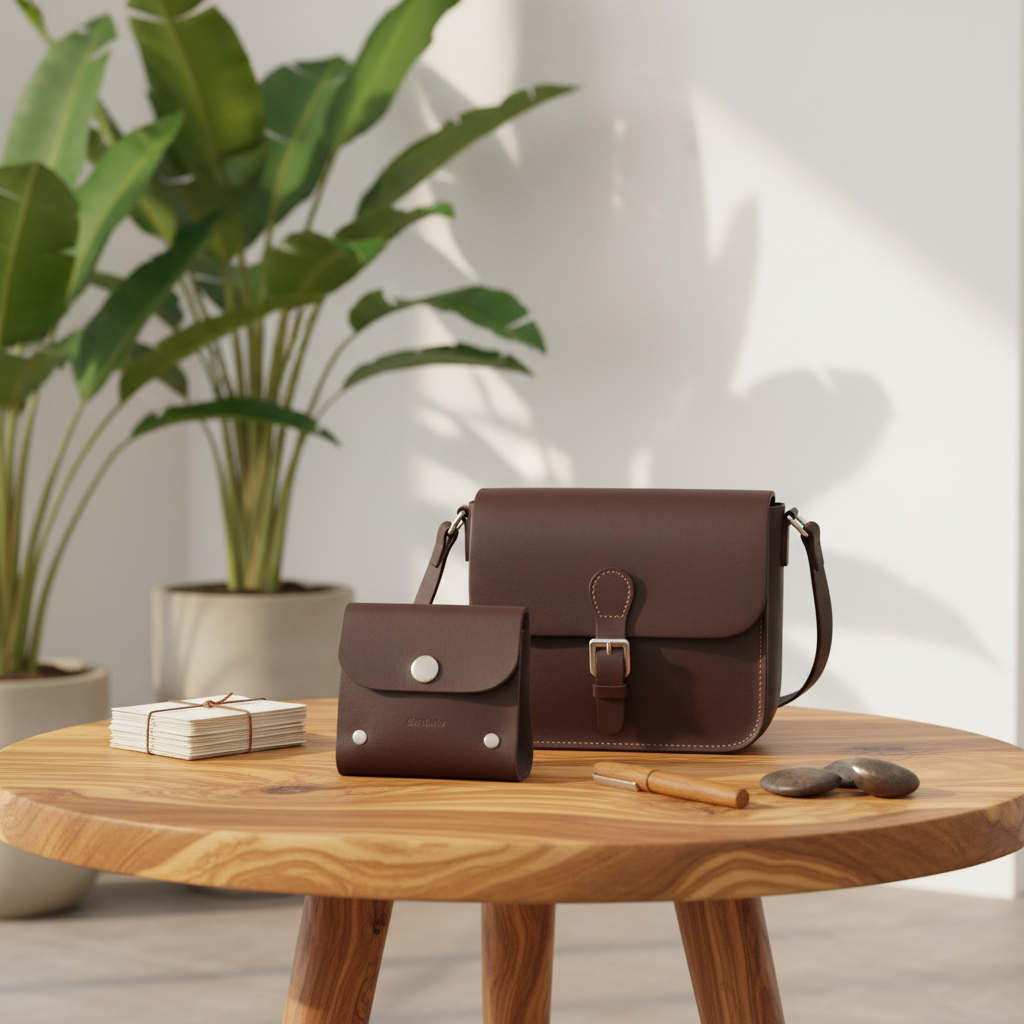 A dark brown leather crossbody bag and matching small coin purse are arranged on a round wooden table in a styled interior setting with potted plants, soft shadows, and a neutral wall.