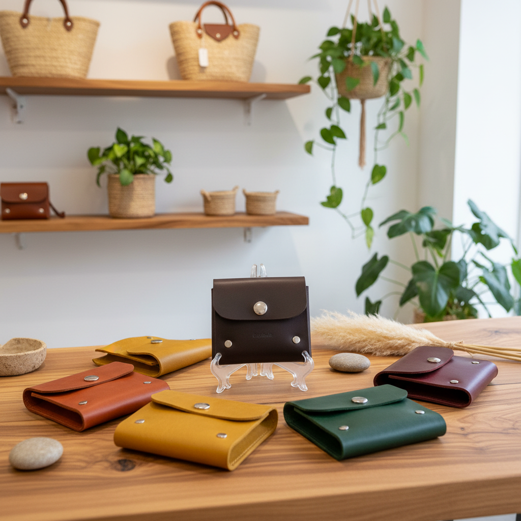 A collection of leather coin purses in various colours (mustard yellow, forest green, brown, terracotta, burgundy) is displayed on a wooden table, with a dark brown wallet standing on a clear acrylic stand in the centre. The background shows a cosy, styled interior with wooden shelves holding woven baskets and potted green plants.