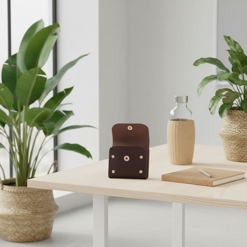 A brown leather coin wallet with gold-tone studs and a snap closure sits on a light wood table in a modern room setting, styled with a glass bottle, notebook, and potted plants.