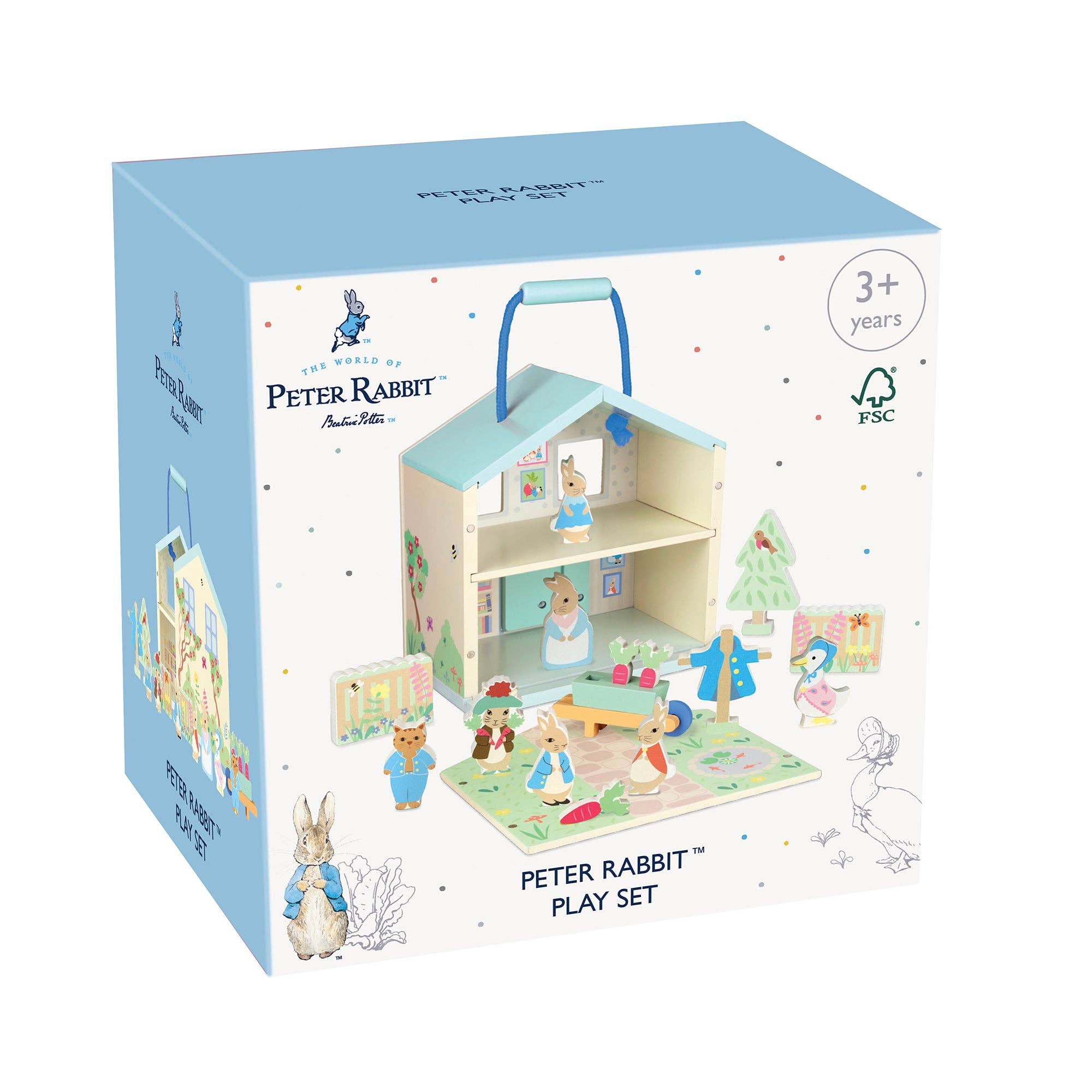Peter Rabbit play set packaging with illustrations of characters and a blue lid.