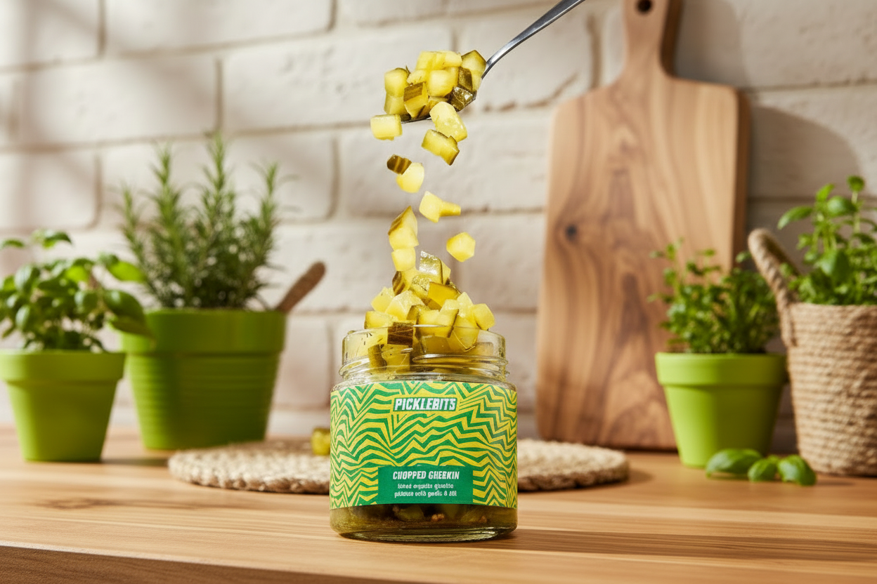A jar of pickled gherkins with a spoonful being poured over, set on a wooden surface with plants in the background.