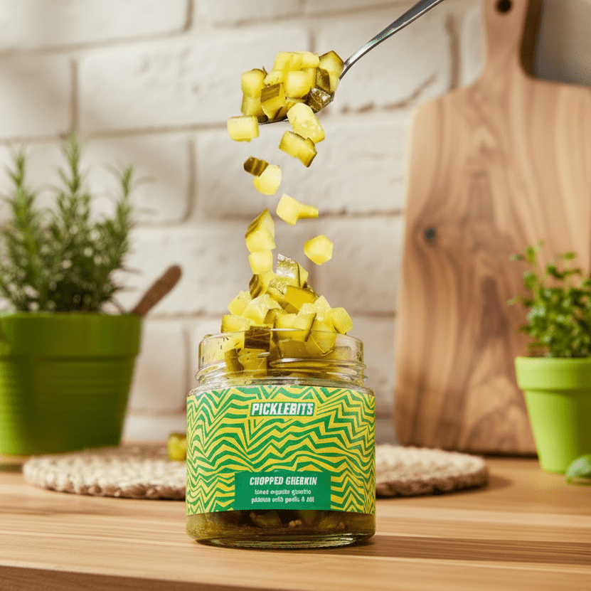 A jar of pickled gherkins with a spoonful being poured over, set on a wooden surface with plants in the background.