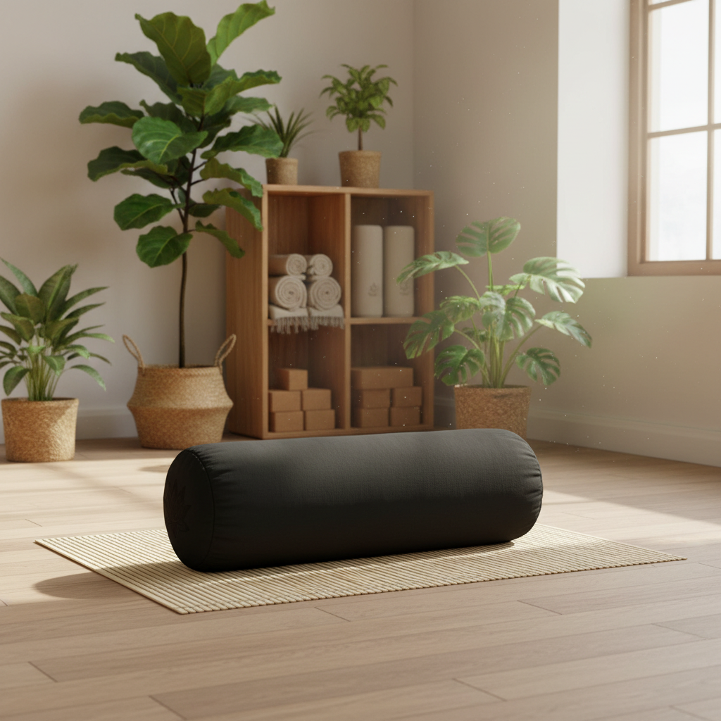 A black cylindrical yoga bolster pillow resting on a woven mat in a bright, modern room with wooden floors, potted plants, and a wooden shelf.