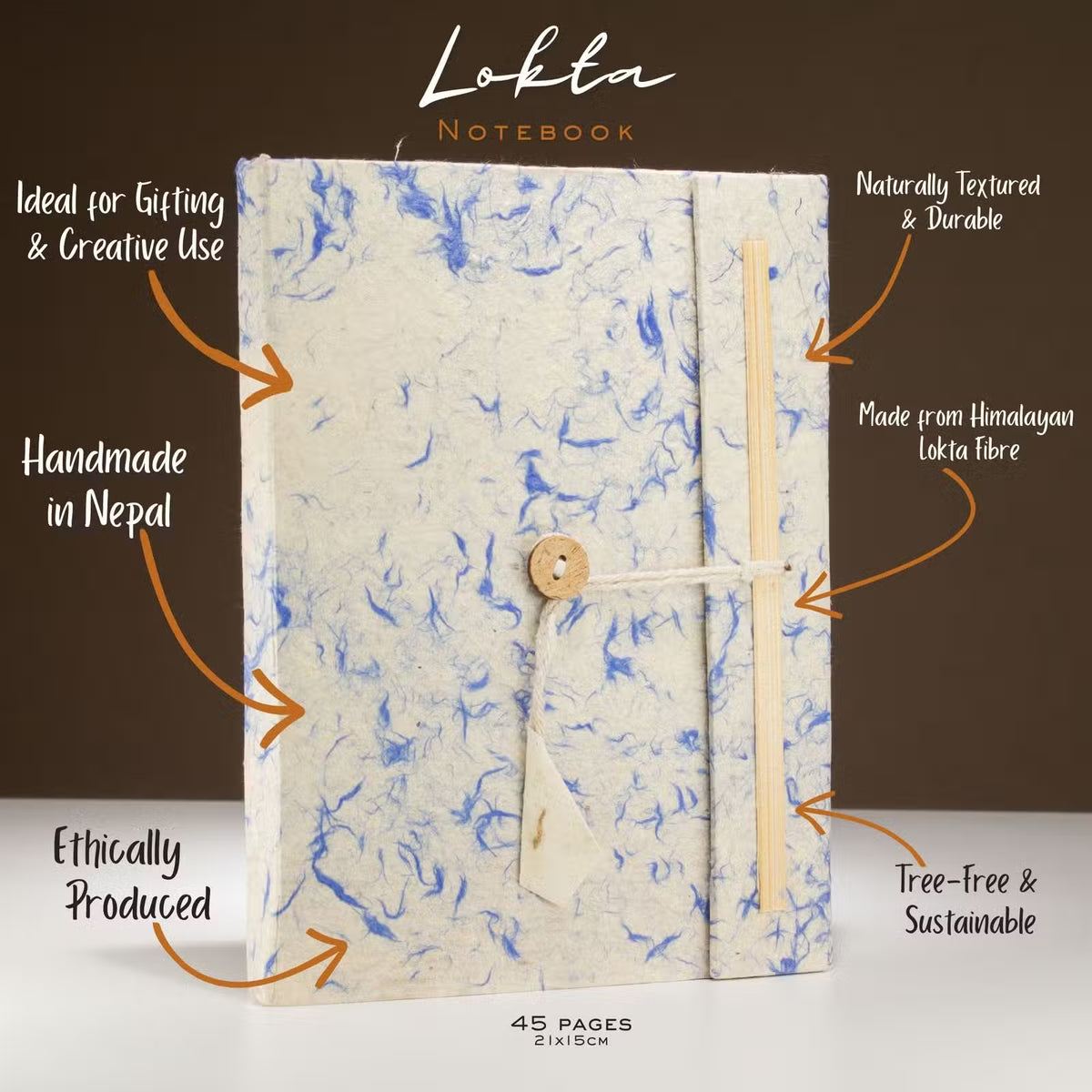 Lokta notebook with text highlighting its features on a brown background