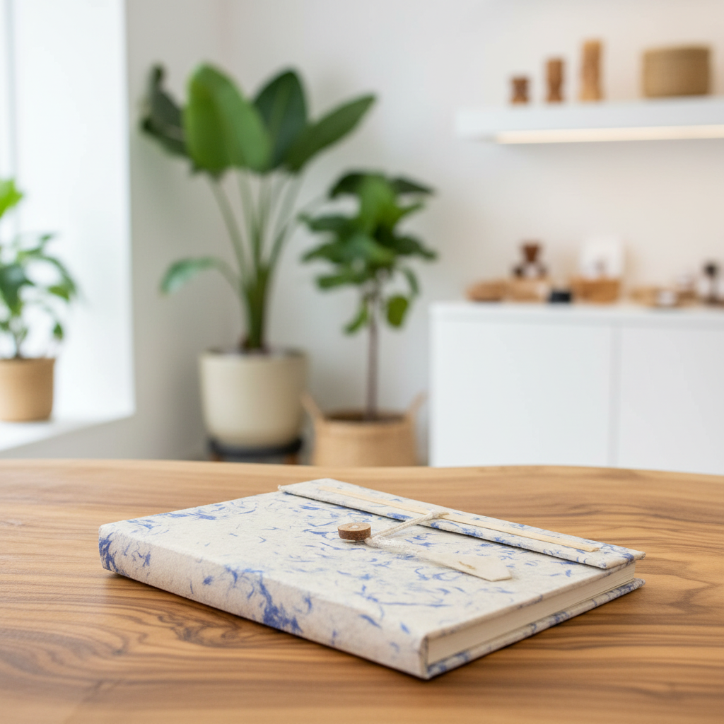 A closed notebook or journal with a cream cover and blue marble pattern lies on a wooden table in a softly blurred home office or study setting with potted plants and shelves in the background.