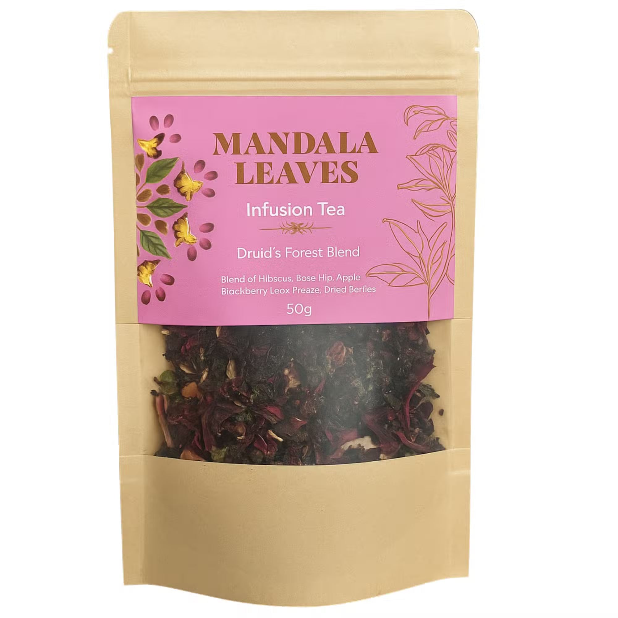 Tea package with pink label and visible tea leaves on a white background