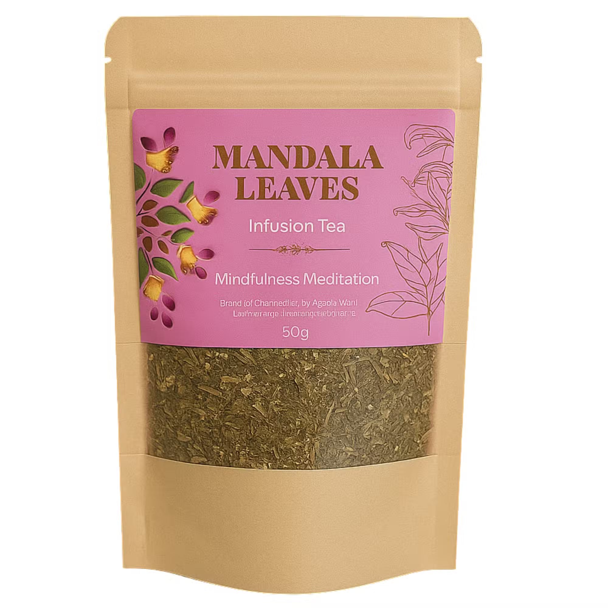 Tea package with pink label titled 'Mandala Leaves' on a white background