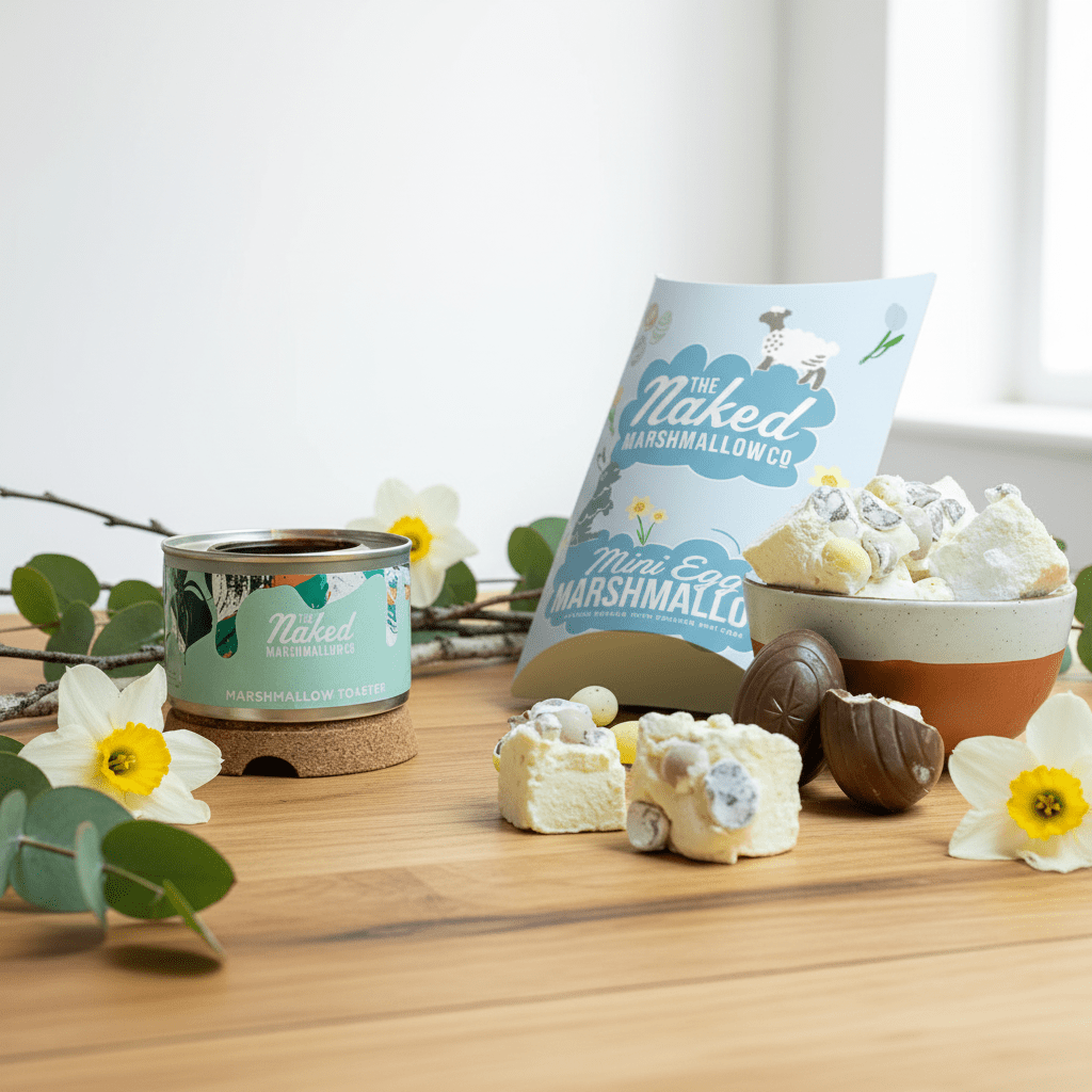 Naked Marshmallow Co products on a wooden table with flowers and a light background