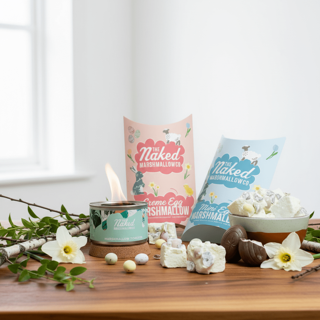 Naked Marshmallows products including a candle, marshmallows, and eggs on a wooden surface with a window in the background.