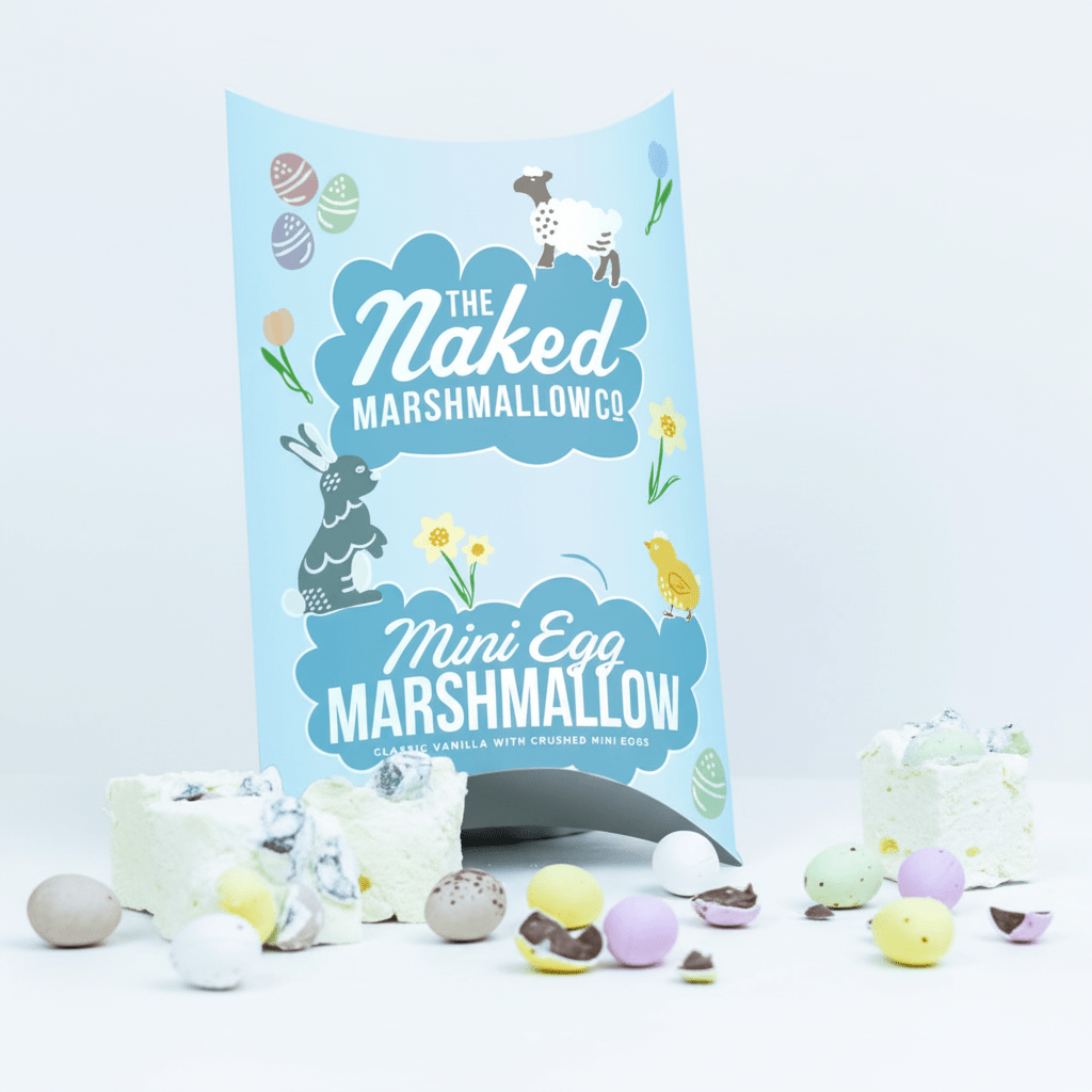 Naked Marshmallow Co. packaging with mini egg marshmallows on a light blue background