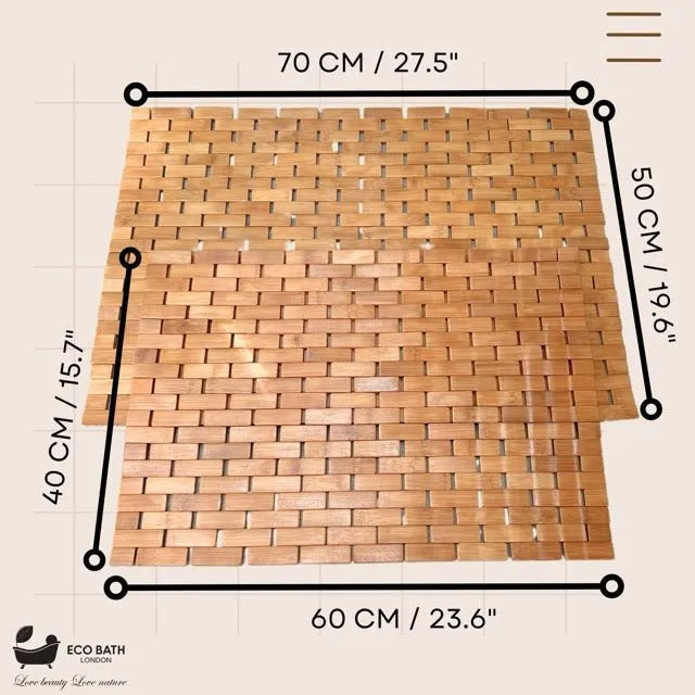Woven mat with dimensions labeled on a beige background
