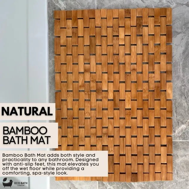 Woven bamboo bath mat on a tiled bathroom floor with product description text.