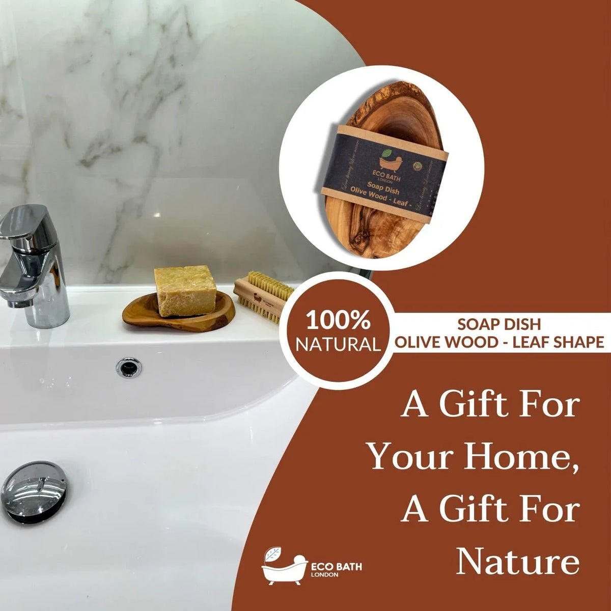 Wooden soap dish on a bathroom sink with branding and text about natural olive wood soap dish.
