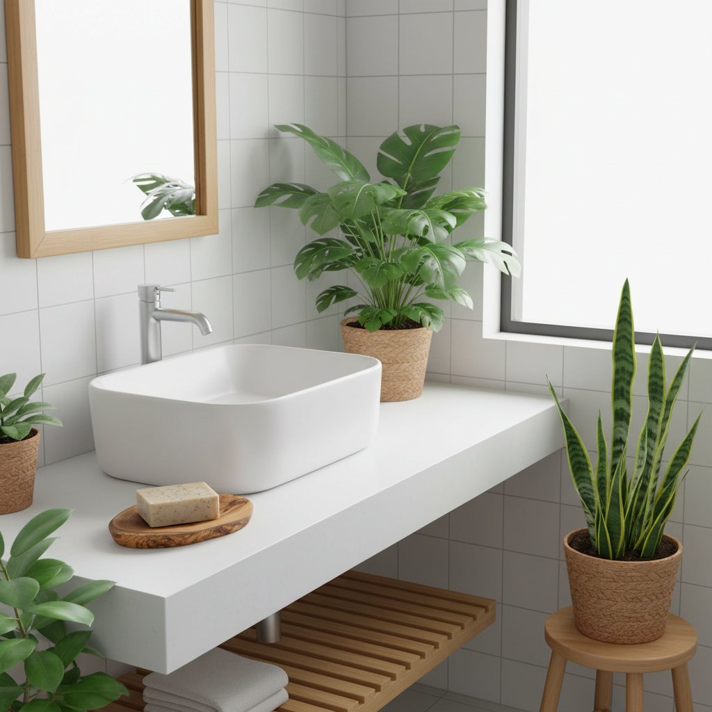 A modern bathroom vanity setup with a wooden soap dish, white rectangular vessel sink, white floating countertop, light wood shelf, potted green plants, a mirror, and a window in a bright tiled room.