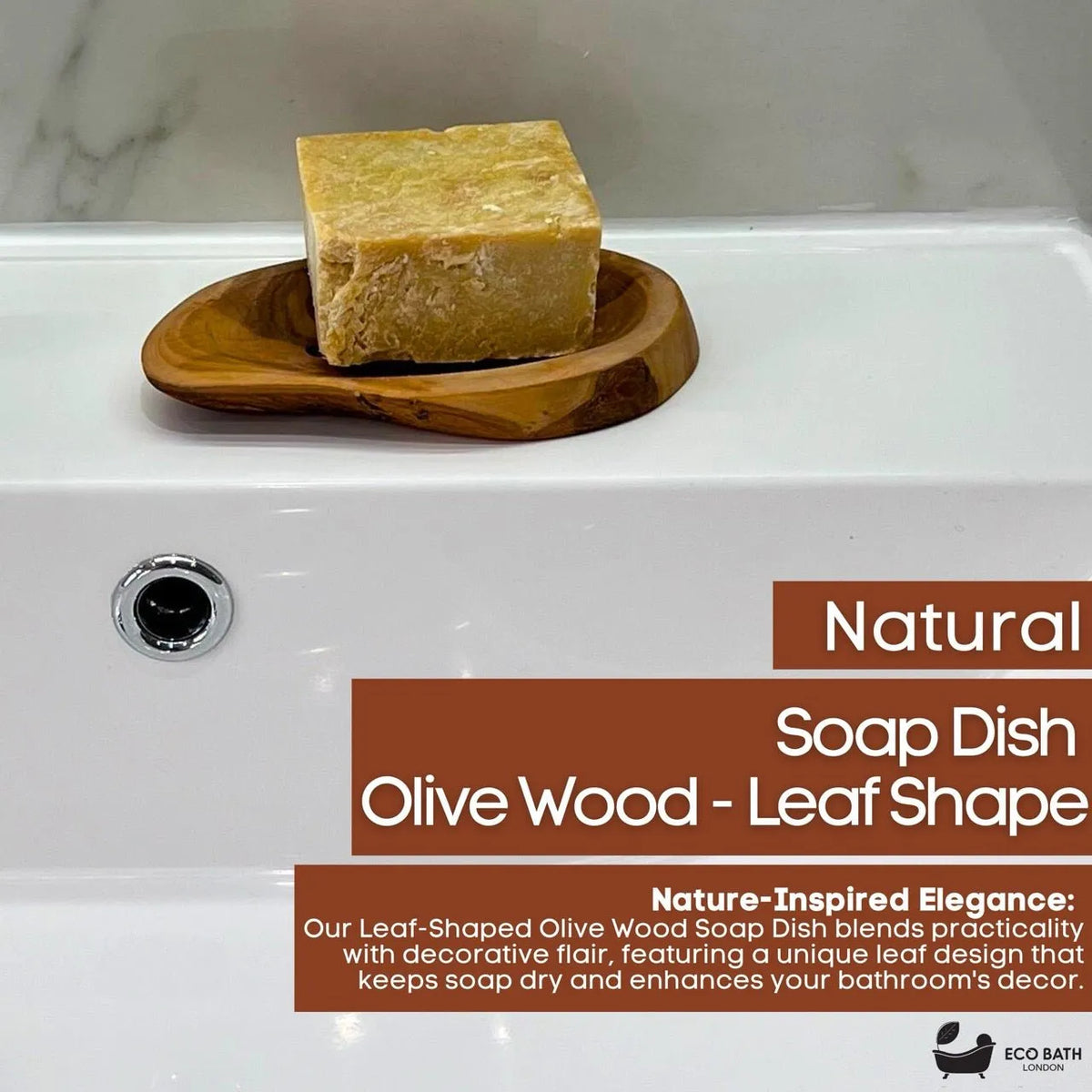 Olive wood soap dish with a bar of soap on a white surface, featuring text about the product.