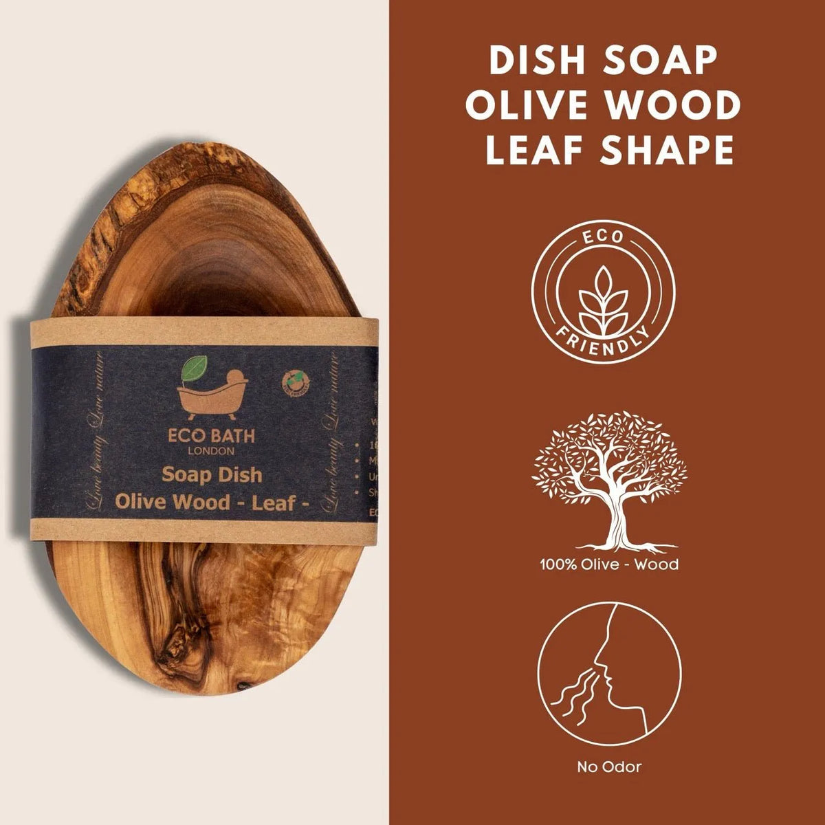 Wooden soap dish with olive wood leaf shape and branding on a brown background