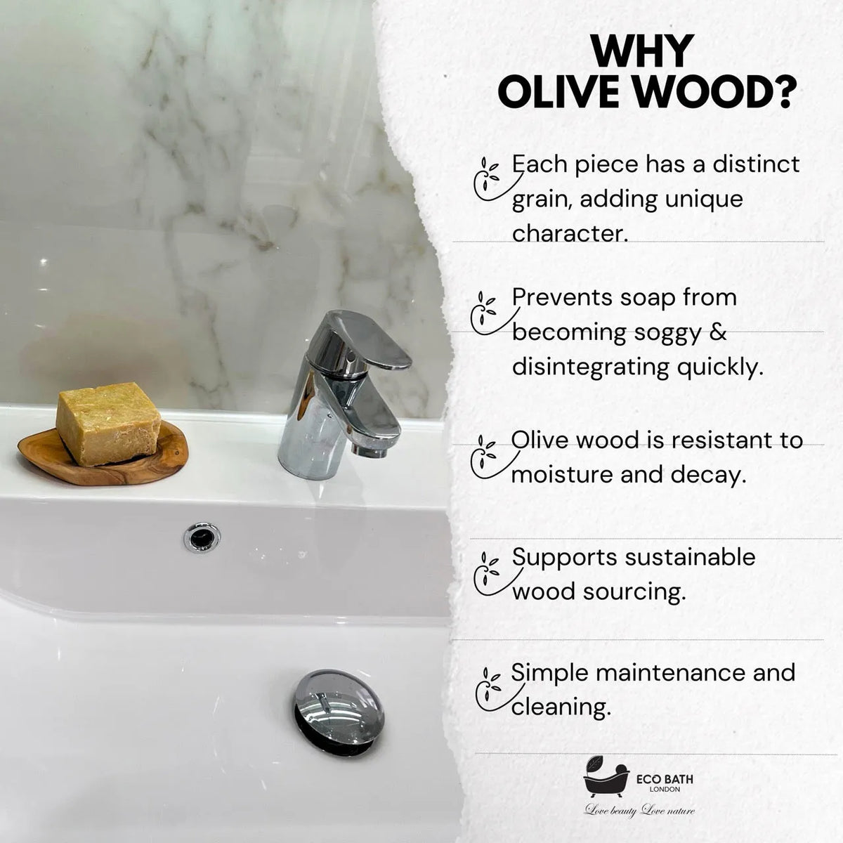 Bathroom setting with olive wood soap dish and soap, faucet, and text about olive wood benefits.