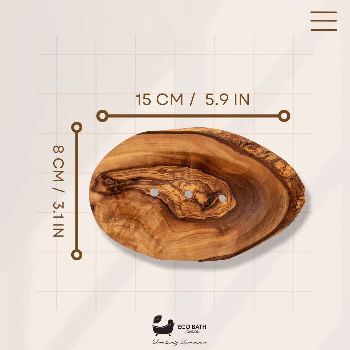Wooden soap dish with measurements and 'Eco Bath London' branding on a grid background