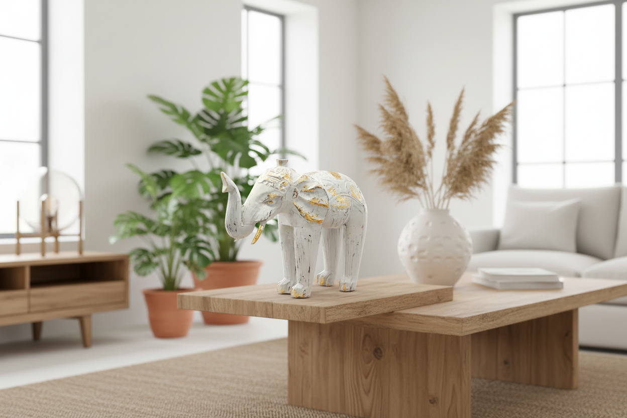 Decorative elephant on a wooden coffee table in a modern living room.