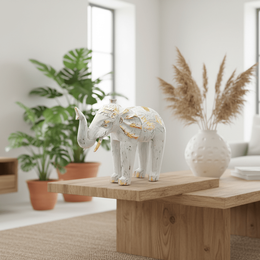 Decorative elephant on a wooden coffee table in a modern living room.