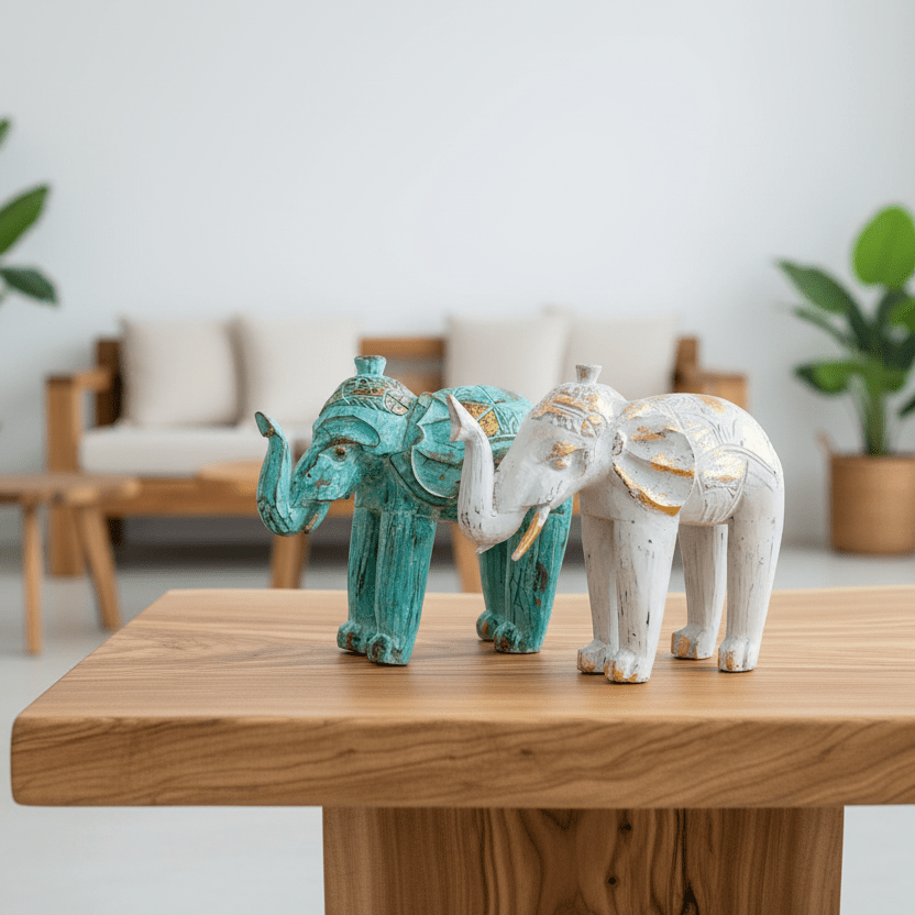 Two wooden elephant figurines on a wooden table with a blurred indoor setting in the background.