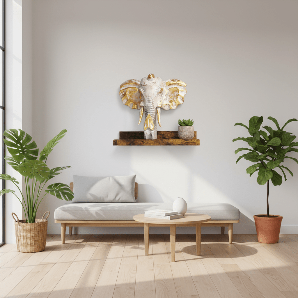 Modern living room with a gold elephant sculpture on a shelf, plants, and a sofa.