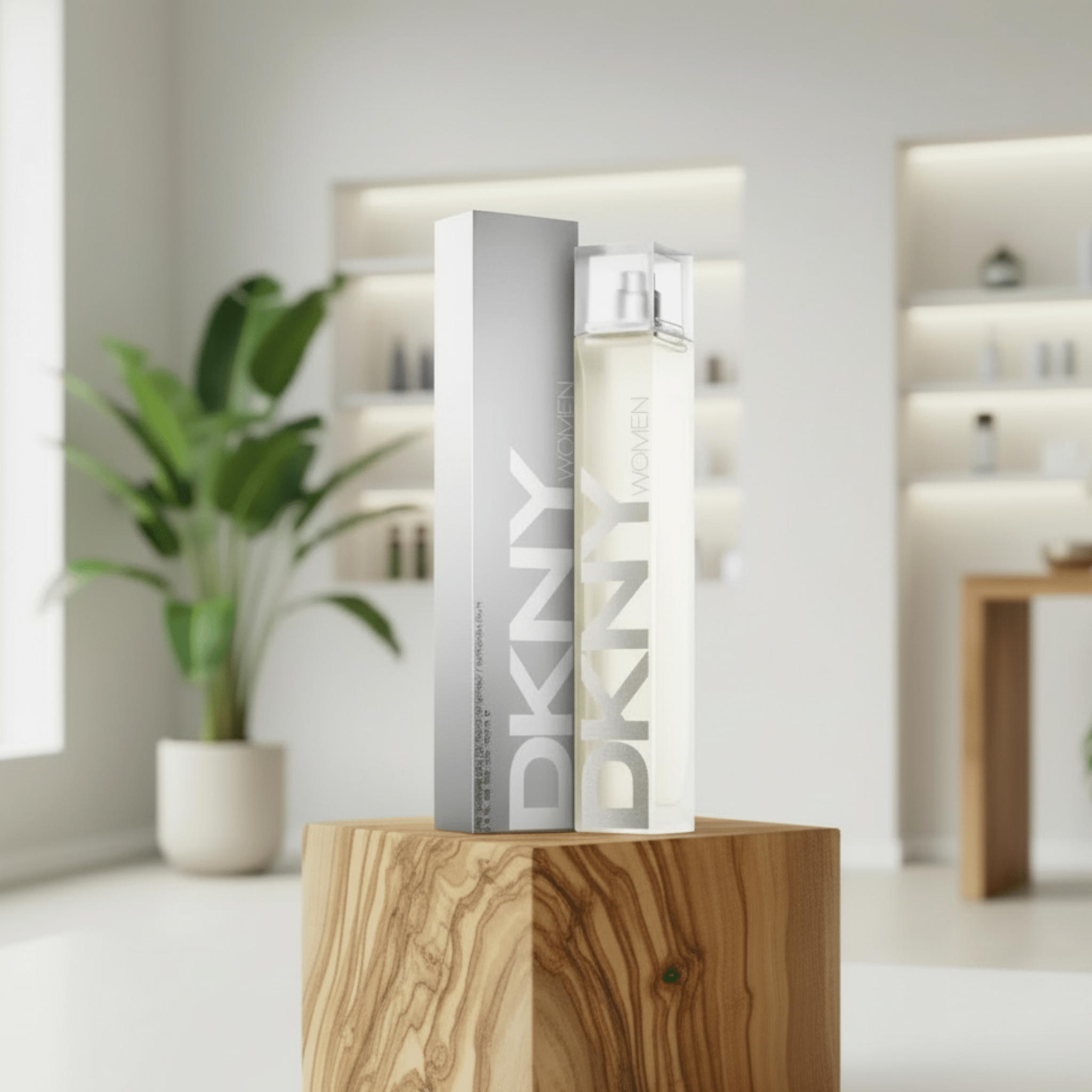 Two DKNY perfume bottles on a wooden stand in a modern room setting.