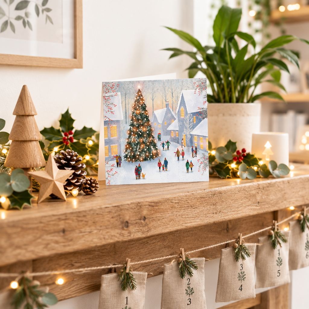 Tom Smith Christmas card showing a decorated tree and snowy houses, displayed on a wooden mantel with festive greenery.