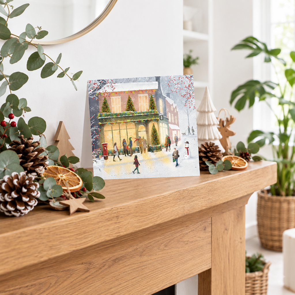 Tom Smith Christmas card showing a warmly lit building, people and a snowman on a snowy street, displayed on a festive mantel.
