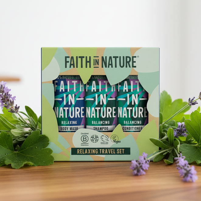 Faith in Nature Relaxing Travel Set containing body wash, shampoo, and conditioner in a green and teal geometric box, styled on a wooden surface with green leaves and lavender sprigs.