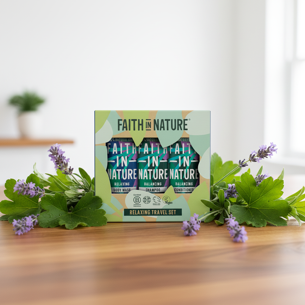 Faith in Nature 'All of Me' travel set box displayed on a wooden table, surrounded by fresh green leaves and purple lavender flowers in a bright, softly blurred indoor setting.
