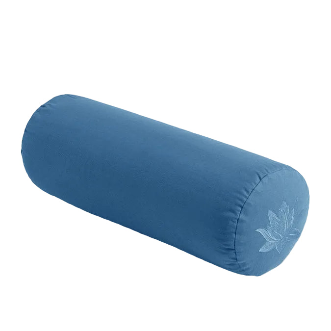 Blue cylindrical yoga bolster with a lotus flower design on a light gray background