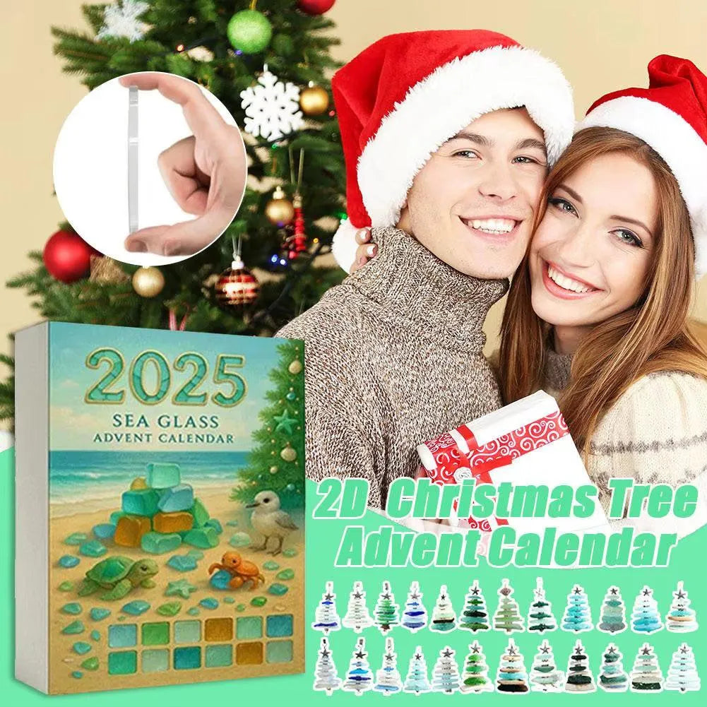 Couple wearing Santa hats with a 2025 Sea Glass Advent Calendar and 2D Christmas Tree Advent Calendar in front of a decorated Christmas tree.