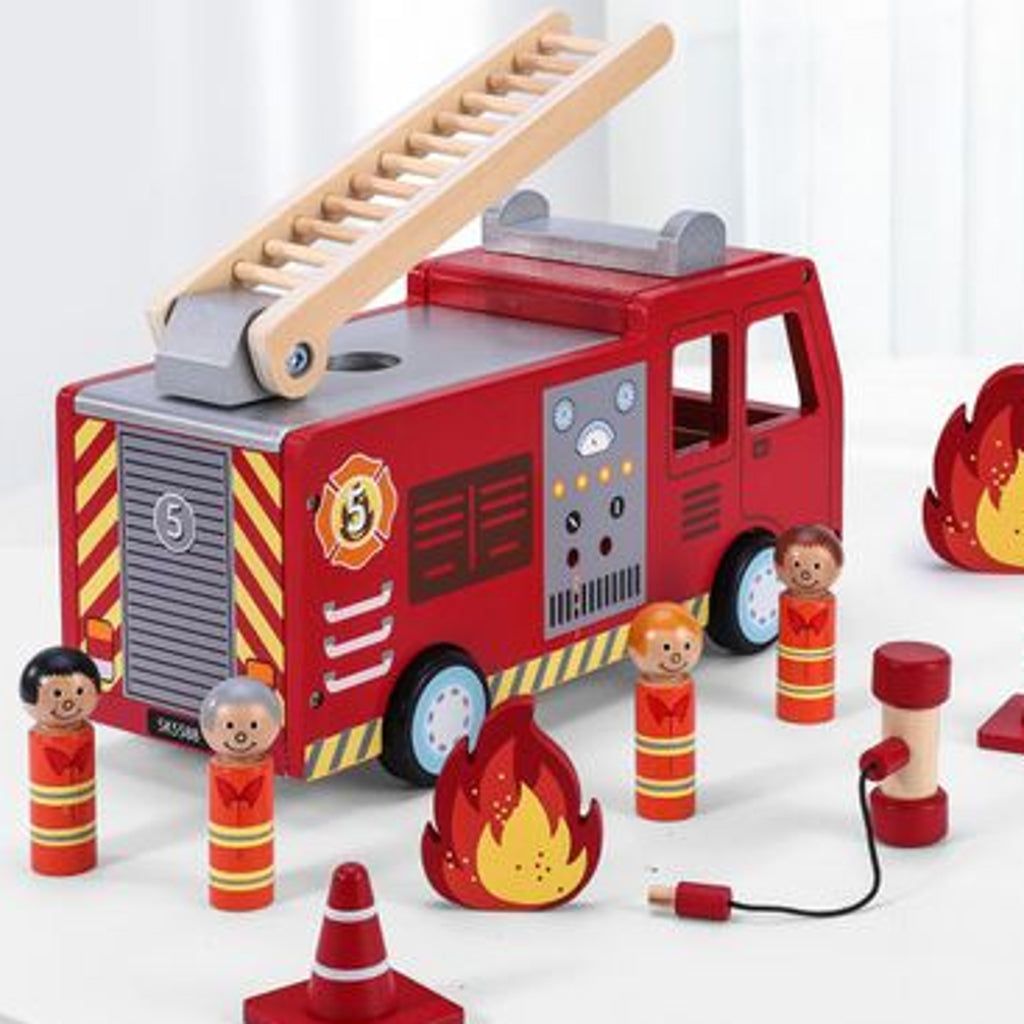 Emmy Jane Boutique SOKA Wooden Fire Engine Truck with Firefighter Figurines Vehicle Toy for Kids 3+