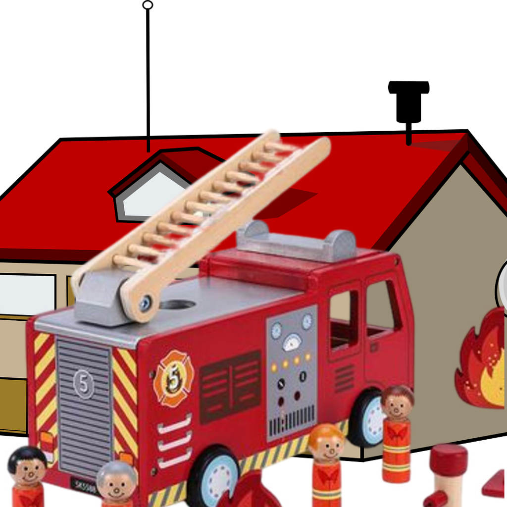 Emmy Jane Boutique SOKA Wooden Fire Engine Truck with Firefighter Figurines Vehicle Toy for Kids 3+