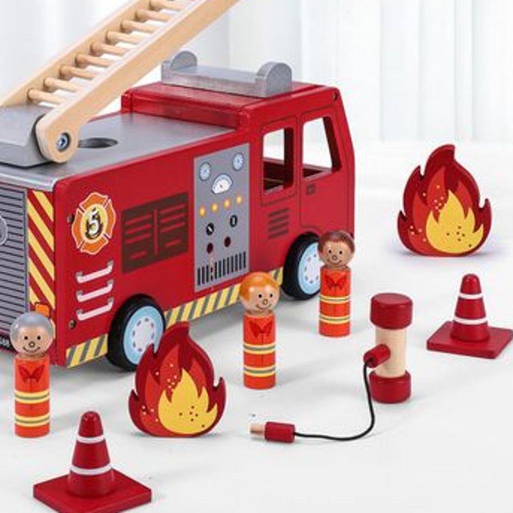 Emmy Jane Boutique SOKA Wooden Fire Engine Truck with Firefighter Figurines Vehicle Toy for Kids 3+