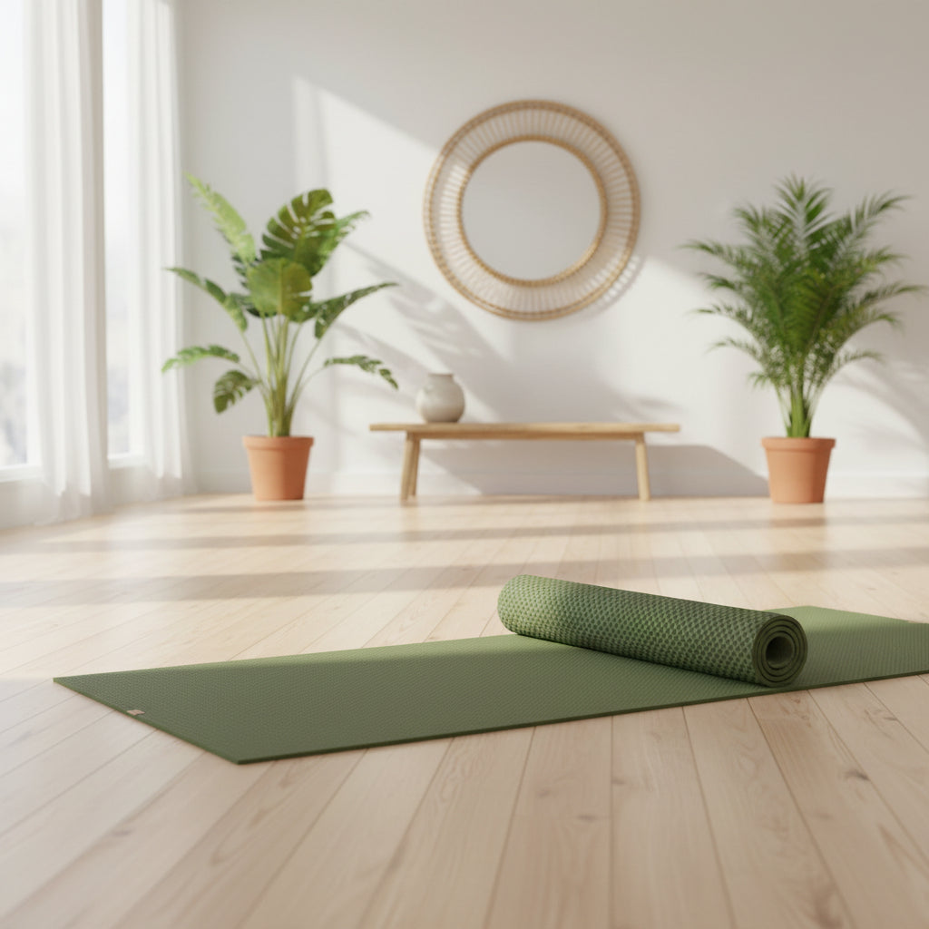 An olive green yoga mat, partially rolled, lies on a light wood floor in a bright, modern room with two potted plants and a minimalist bench in the background.