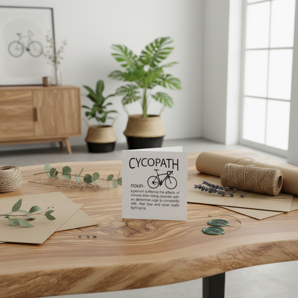 A small white card with the word 'CYCOPATH' and a bicycle illustration sits on a wooden tabletop in a styled home interior. The scene includes plants, a cabinet, envelopes, twine, green stones, and a window.