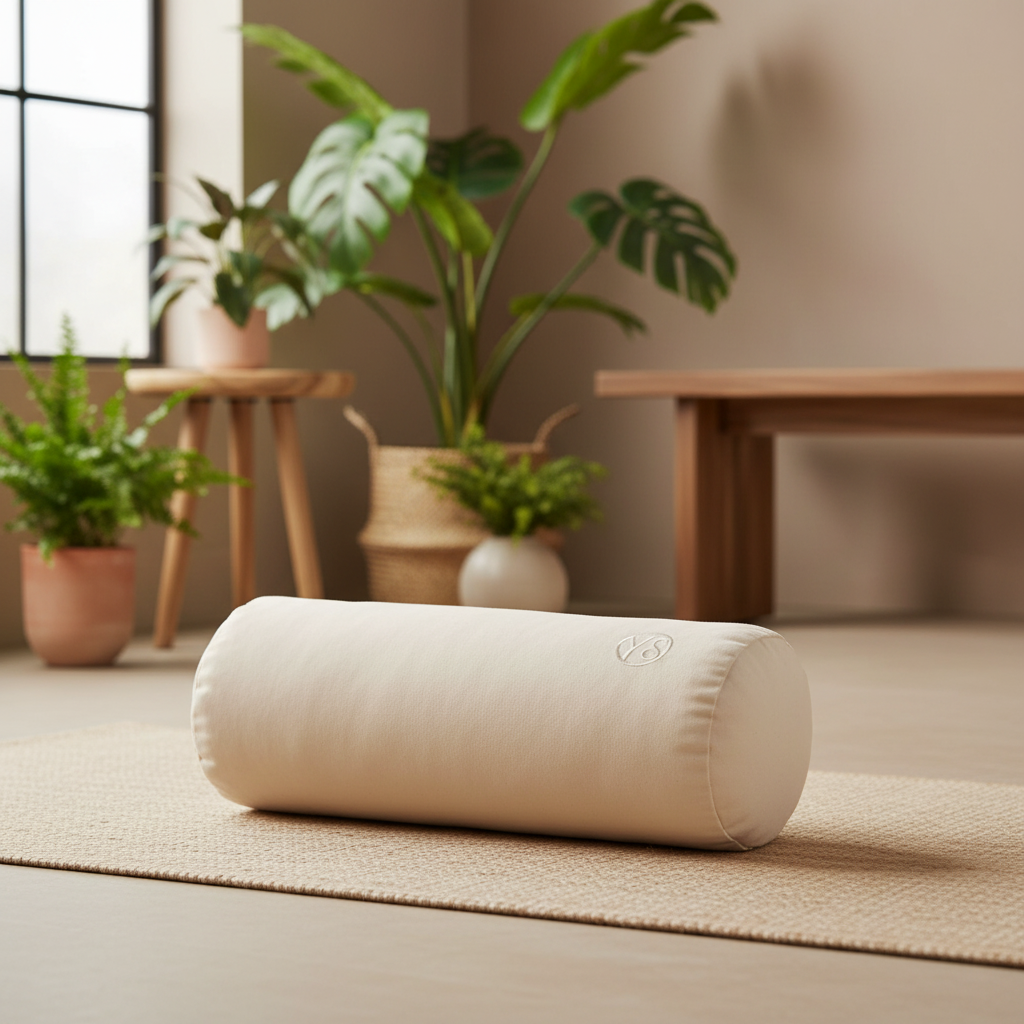 A cylindrical lumbar support pillow in a warm cream color, resting on a textured beige yoga mat in a softly lit, modern room with potted plants and wooden furniture in the background.