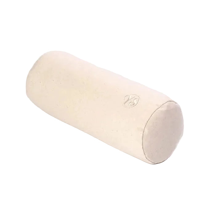 A cylindrical fabric yoga bolster pillow in a natural cream colour, featuring a small embroidered logo on the side, set against a plain white background.